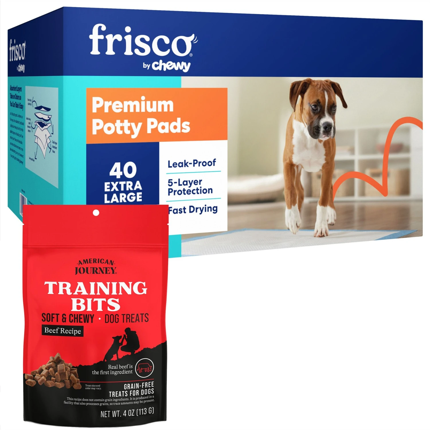 Frisco Premium Extra Large Dog Training & Potty Pads & American Journey Beef Recipe Grain-Free Soft & Chewy Training Bits Dog Treats 1 Frisco Premium Extra Large Dog Training & Potty Pads & American Journey Beef Recipe Grain-Free Soft & Chewy Training Bits Dog Treats